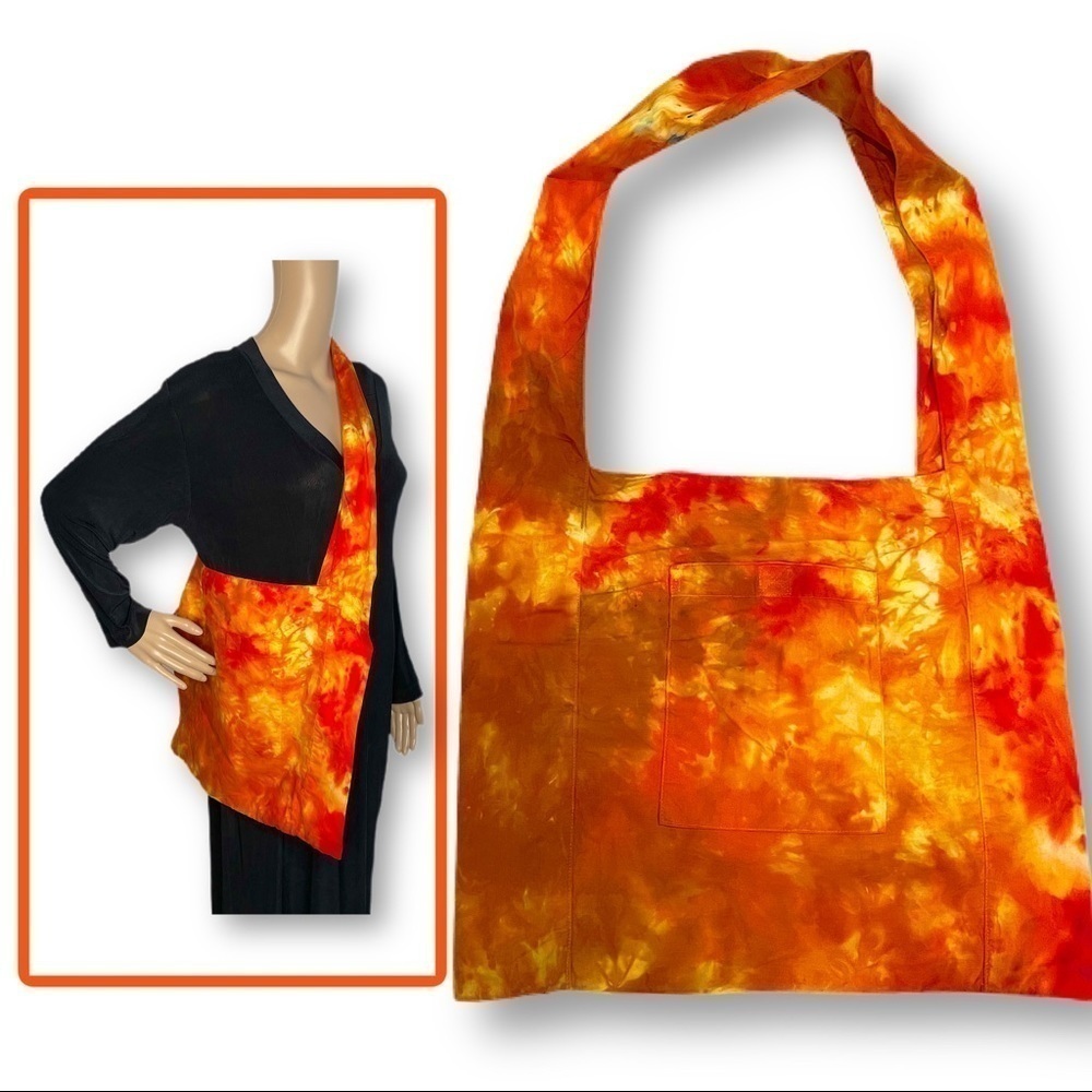 Crossbody tie dye reusable washable L tote orange gold brown